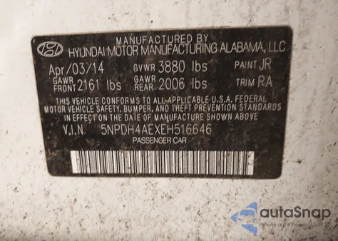 2014 Hyundai Elantra Se from USA, damaged, VIN 5NPDH4AEXEH516646